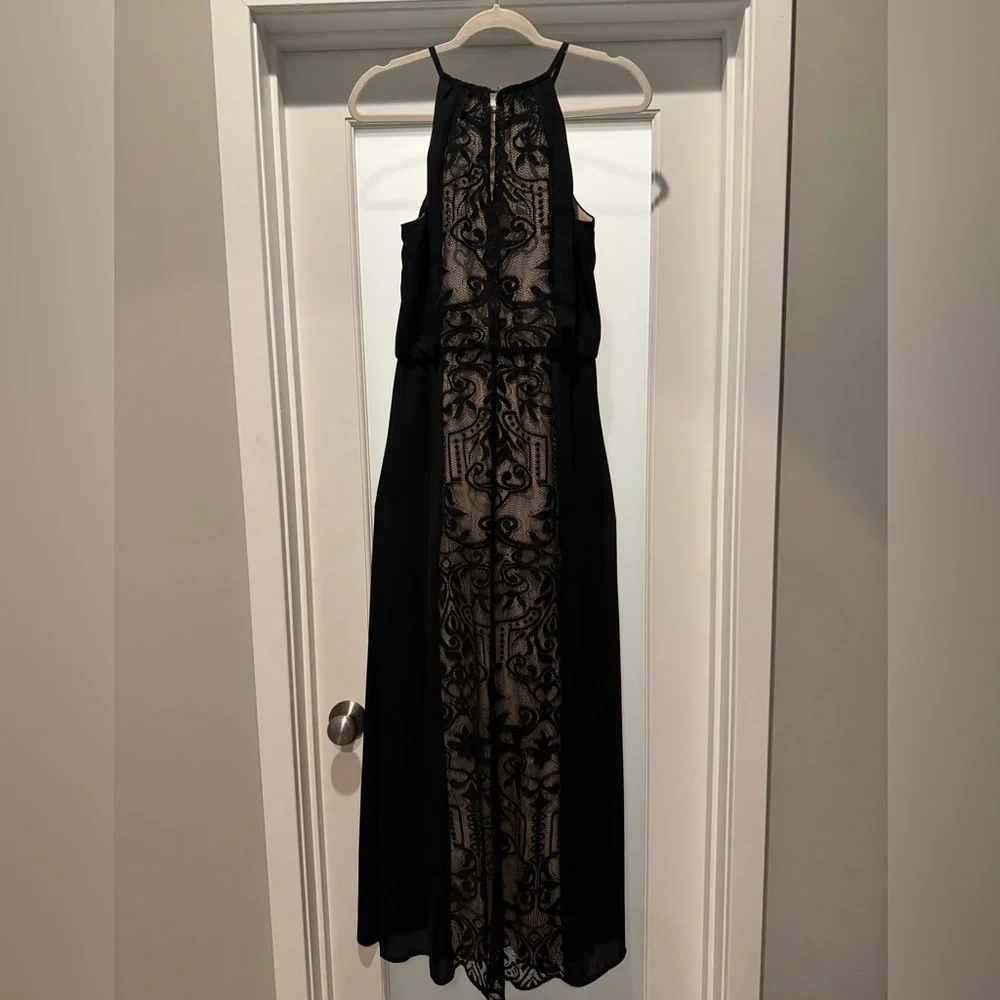 London Times Black Nude Lace Chiffon Halter Maxi Evening Gown – Size 6 - Picture 4 of 14